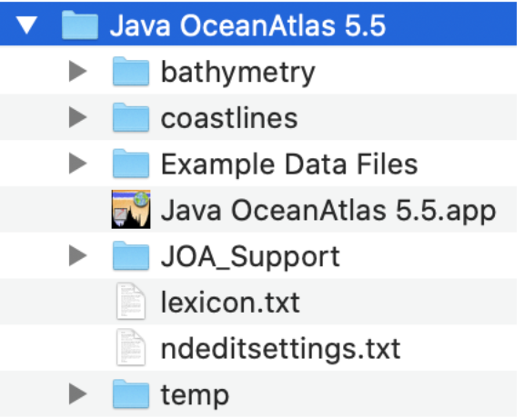 List of folders: bathymetry, coastlines, Example Data Files, Java OceanAtlas 5.0, JOA_Support, lexicon.txt, ndeditsettings.txt, temp