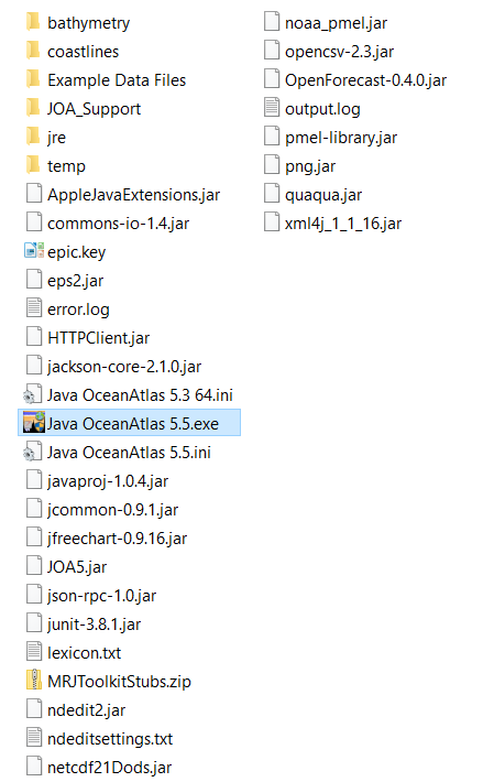 List of folders: bathymetry, coastlines, Example Data Files, Java OceanAtlas 5.0, JOA_Support, lexicon.txt, ndeditsettings.txt, temp